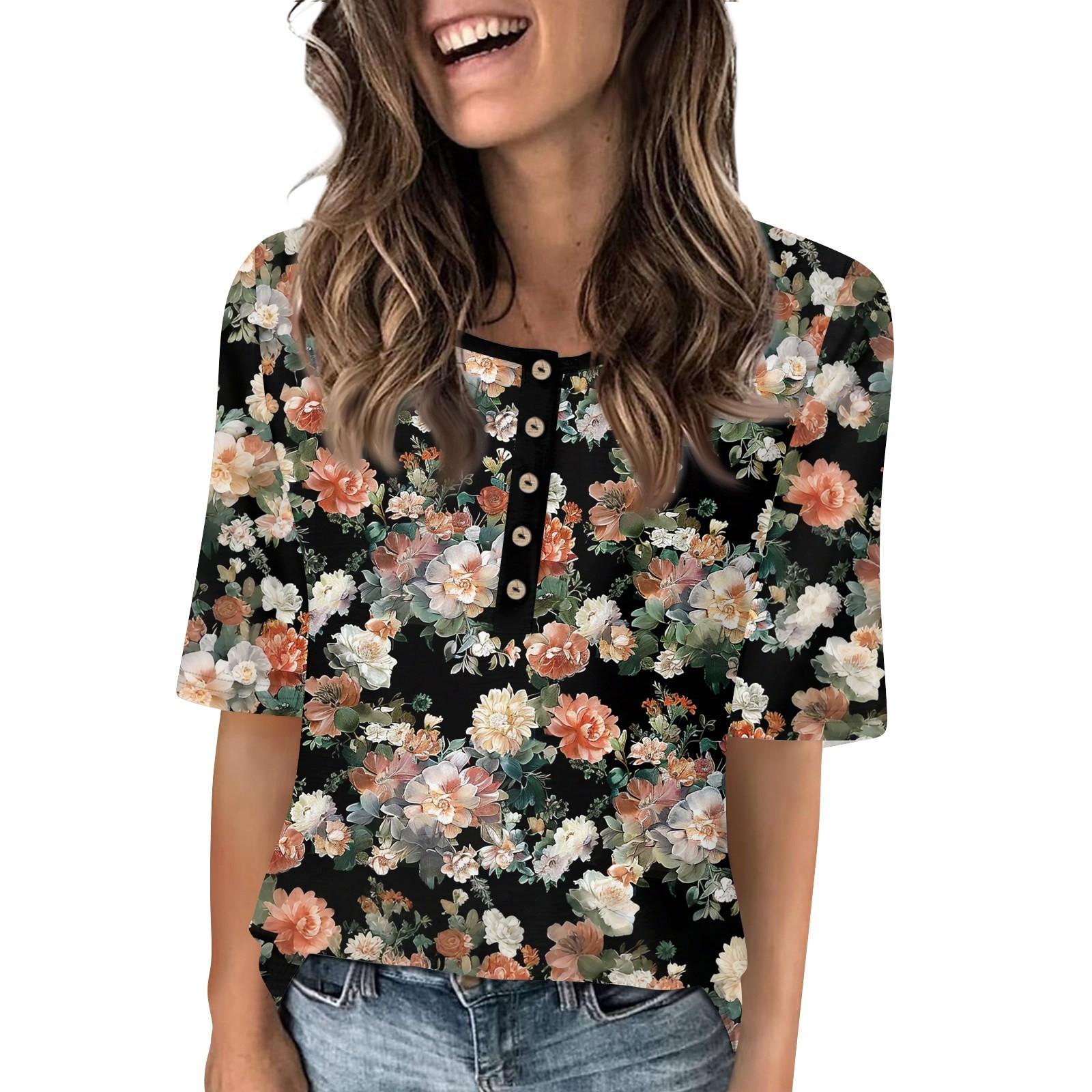

Рубашки для женщин, модные футболки с круглым вырезом и пуговицами, блузки с принтом, топы с коротким рукавом для женщин XXL чёрный