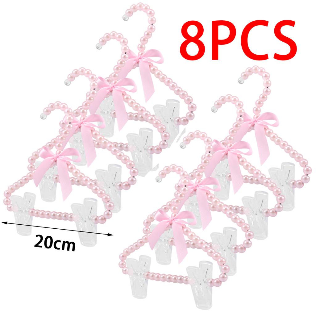 8Pcs Pearl Hanger with Clip Bow Tie Beads Kids Clothes Hanger Dress Wardrobe Closet Storage Dry Rack for Toddler Baby Girl Boy