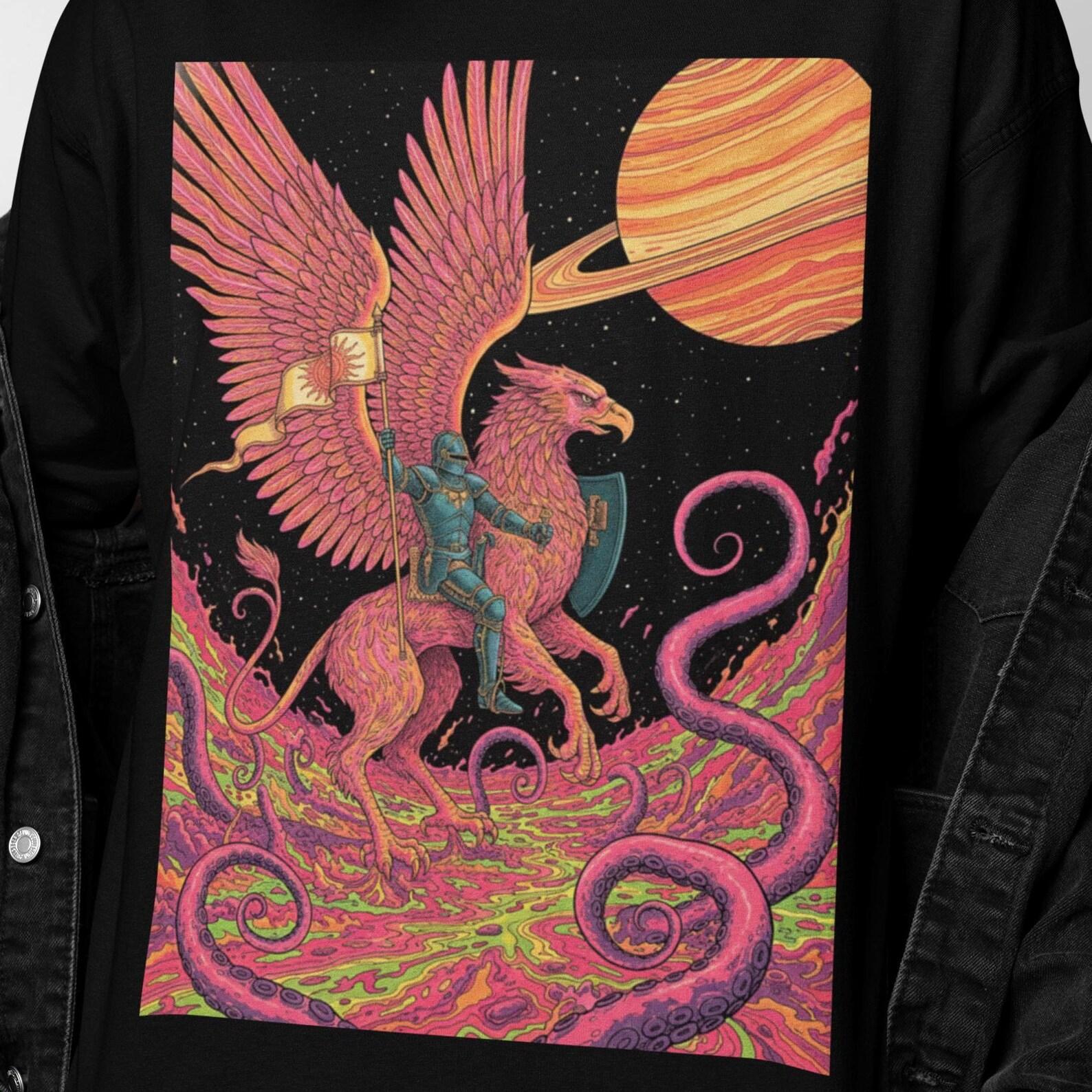 Griffin Knight Shirt | Surreal Fantasy Warrior Tee | Trippy Cosmic Mythical Art | Medieval Creature Graphic | Fantasy Gift Present M