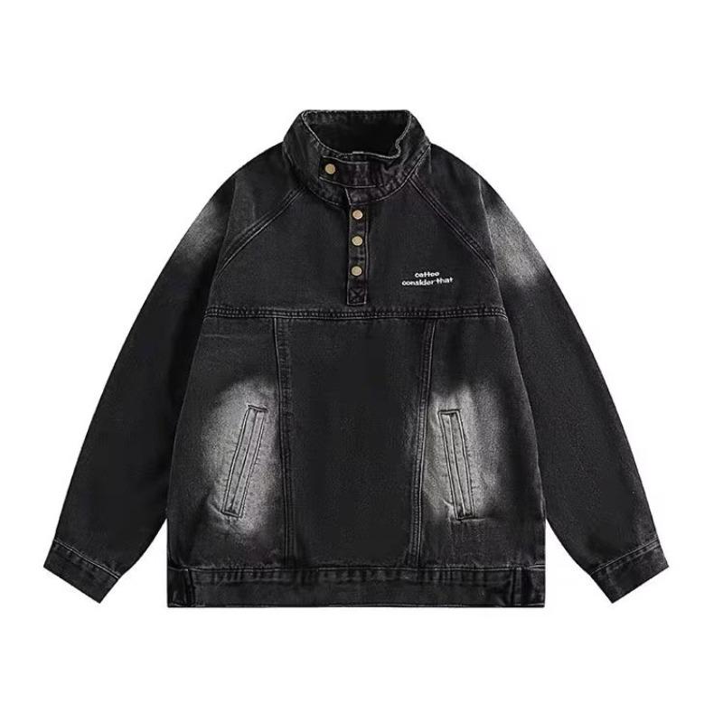 

Унисекс-куртка из японского денима в стиле ретро — повседневная осенняя модель, состаренная, свободного кроя, с полувысоким воротником. M чёрный