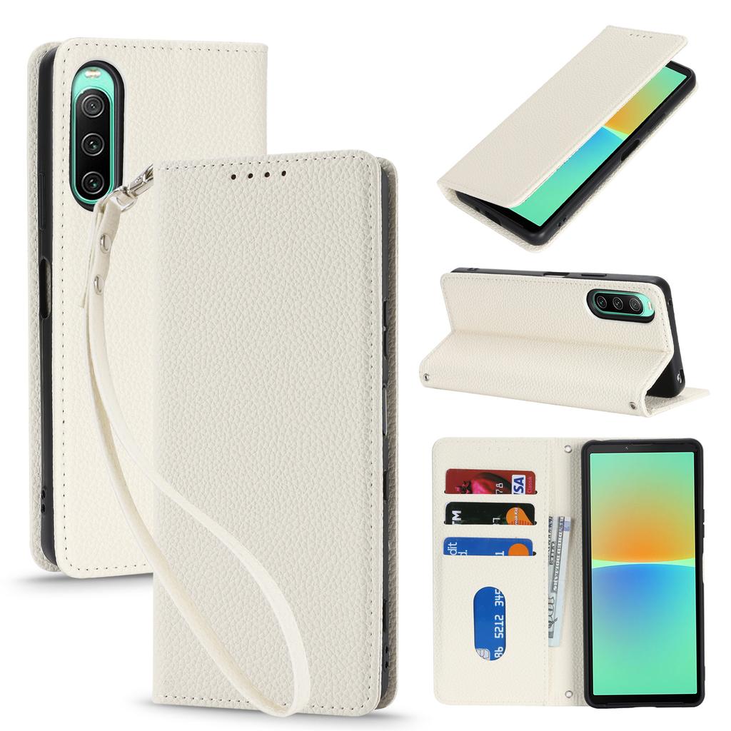 For Sony Xperia 10 IV 5G Case Stand Wallet Litchi Texture Leather Flip Phone Cover with Strap