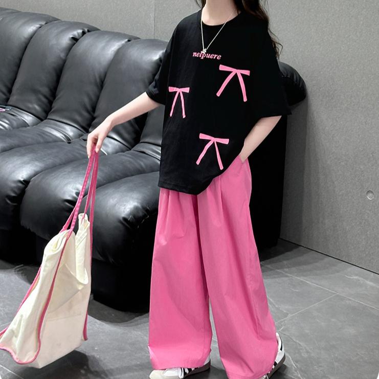 

Летняя тонкая футболка с коротким рукавом для девочек, комплект из двух предметов, стильный детский повседневный комплект с широкими брюками 140