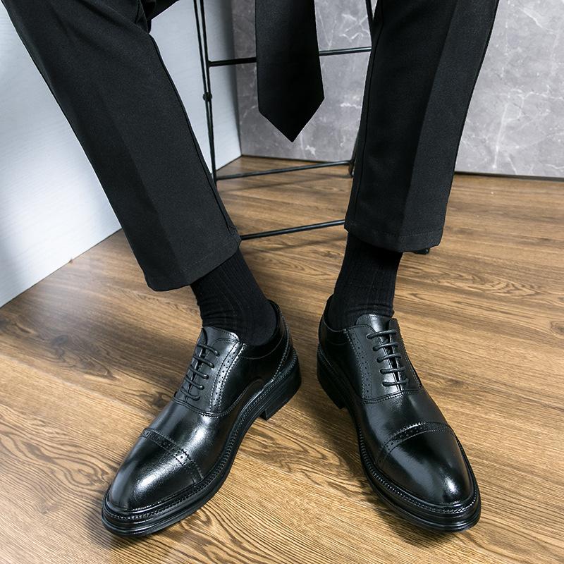 Foreign Trade Low-top Men's British Leather Shoes Fashion Pointed Business Dress Derby Shoes Youth Lace-up Pointed Leather Shoes