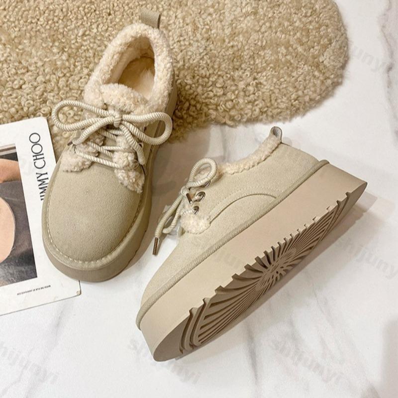 Pantofi Casual Retro pentru Femei, Culoare Solidă, Călduroși, Groși, Păroși, cu Talpă Joasă, Modă de Iarnă, Versatili, de Pluș, Confortabili, Groși, din Bumbac