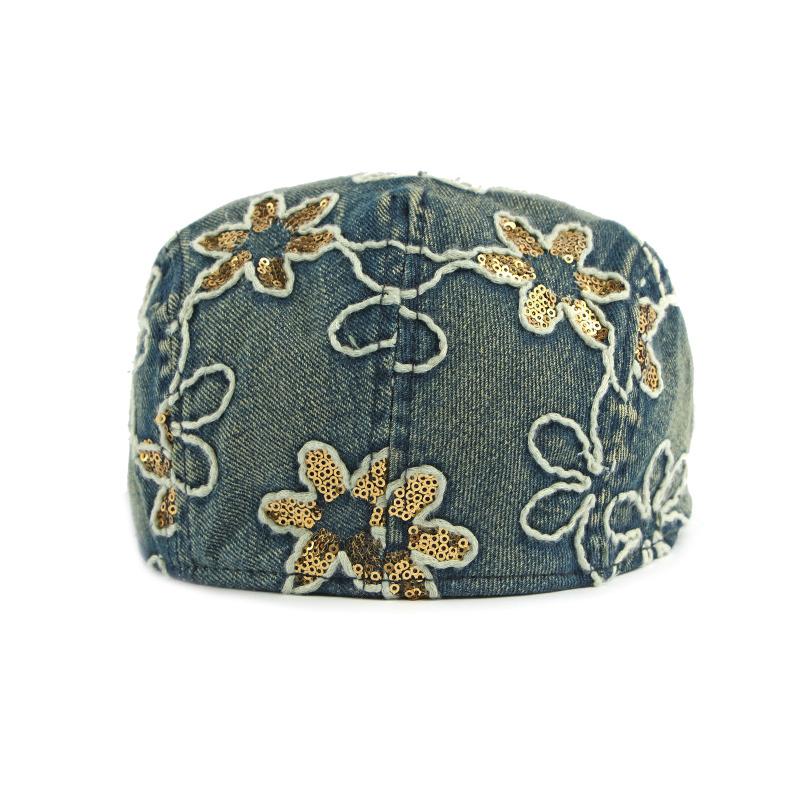 Denim Pailletten Blume Baskenmütze Damen Britisch Vintage Schirmmütze Bemalte Mütze
