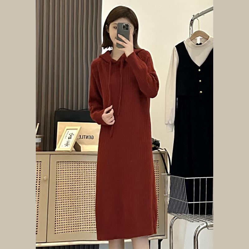 Long base knitted dress women's autumn and winter new with coat inside loose lazy hooded sweater skirt