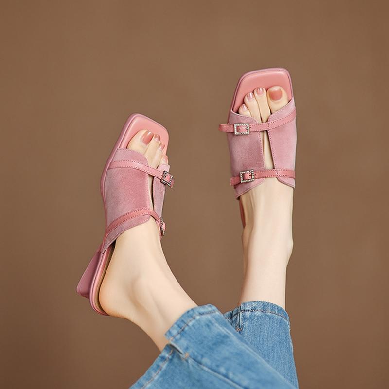 Fashion NEW Summer Women Slippers Square Toe Chunky Heel Shoes Sheep Suede Leather Shoes for Women Belt Buckle Sandals Modern Slippers