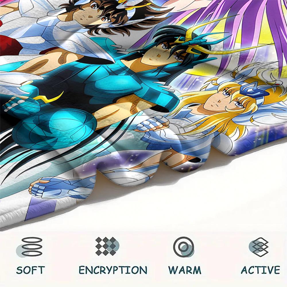 1Pc Saint Seiya Print Flannel Blanket, High quality Comfortable for All Seasons, Home Decor, Warmth and Comfort, Perfect for Christmas Gifts