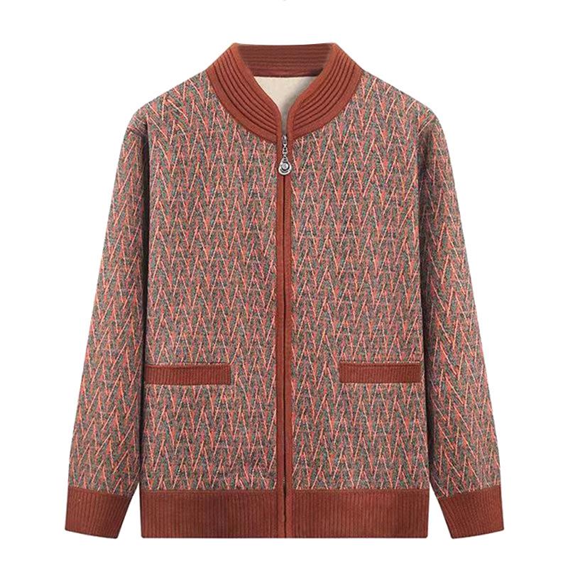 Fat Mama Plus Size Fleece-Lined Cardigan: Warm Autumn Winter Sweater for Middle-Aged & Elderly Women