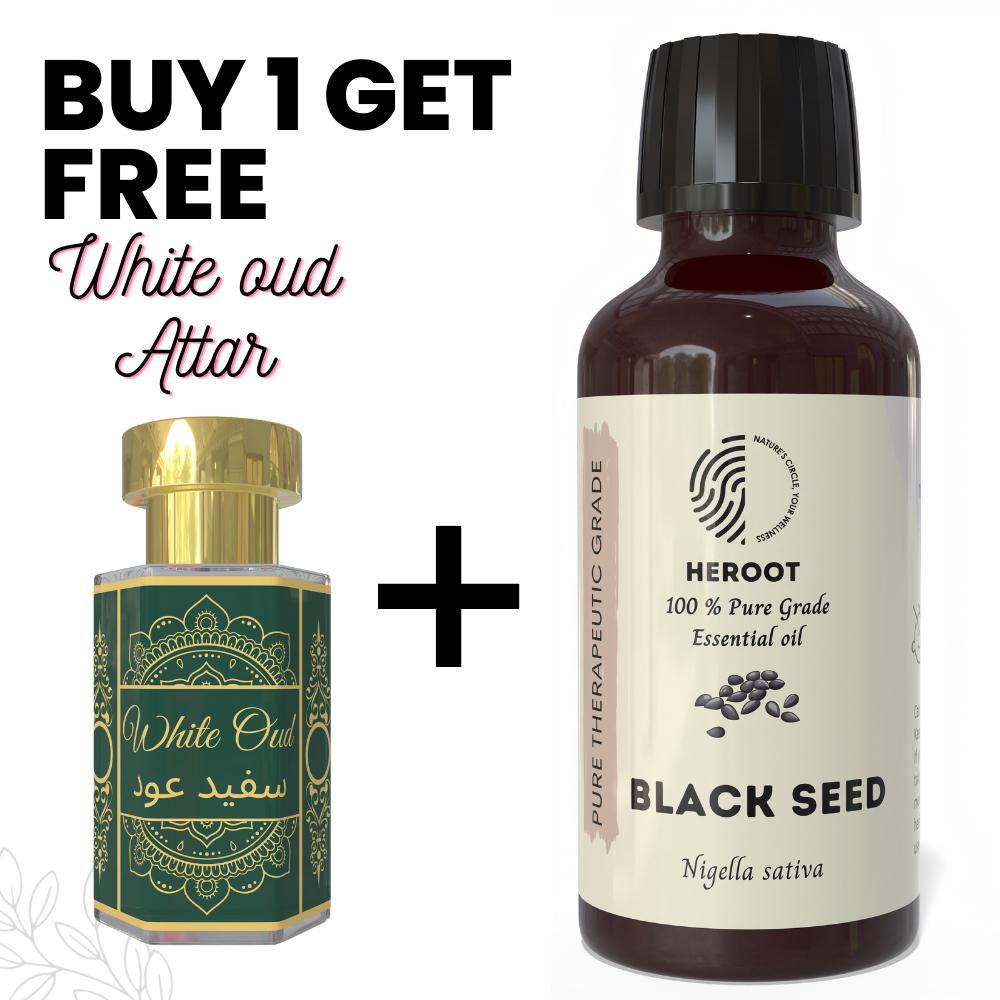 Black Seed Essential Oil 10ml for Aromatherapy & Home Fragrance with Free 6 Ml Attar – Aqua AQ, Dubai Oud, Aura, White Oud