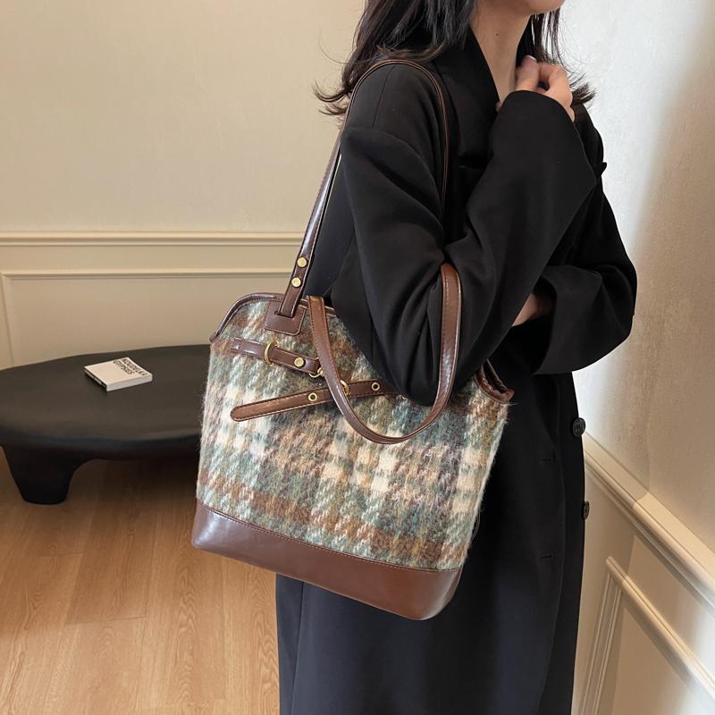 Karierte Einkaufstasche mit großer Kapazität, Umhängetasche für Damen, Vintage-Rucksack