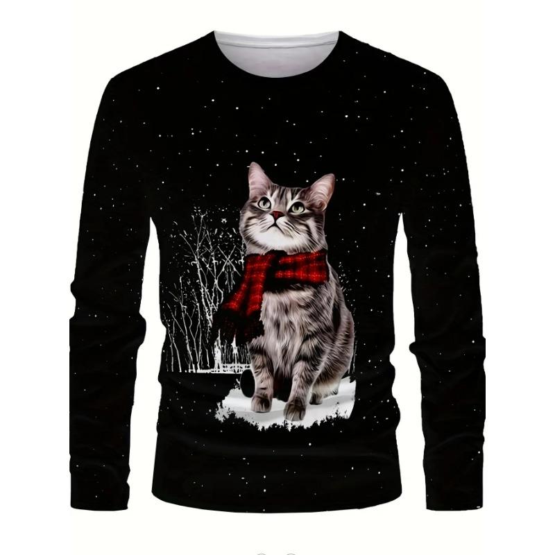 Christmas, Party, Round Neck Long-sleeved Men's Clothing, Digital Print Kitten Pattern, Casual and Versatile Style