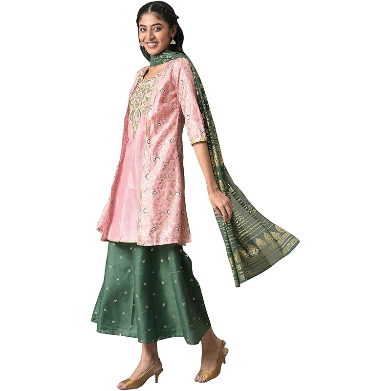 Aurelia Women Pink Zari Embroidered Kurta With Green Palazzo And Dupatta_22AUD10497-504408_M M
