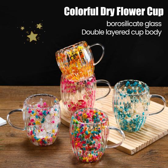 Double-Walled Glass Mug with Dried Flowers 250/350ml Heat Resistant Handle Coffee Cup for Hot Drinks Unique Artistic Glassware