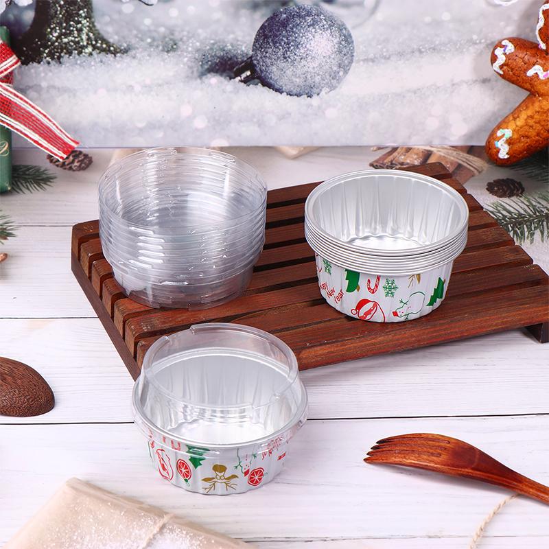 10 Pcs Reusable Round Aluminum Foil Tin Cup With Lids Pudding Cake Mold Air Fryer Tinfoil Box Small Baking Tray Tinfoil Cups