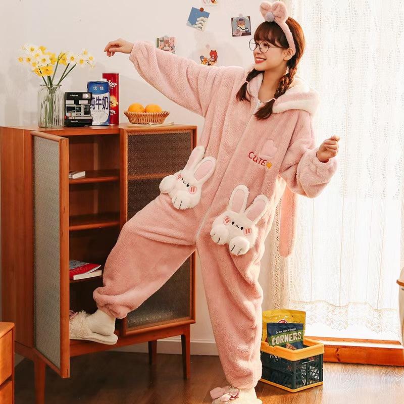 Winter Soft Girl Rabbit Pajamas Thickened Coral Fleece Cute One-piece Pajamas Girl Cartoon Ins Loungewear Nightgown