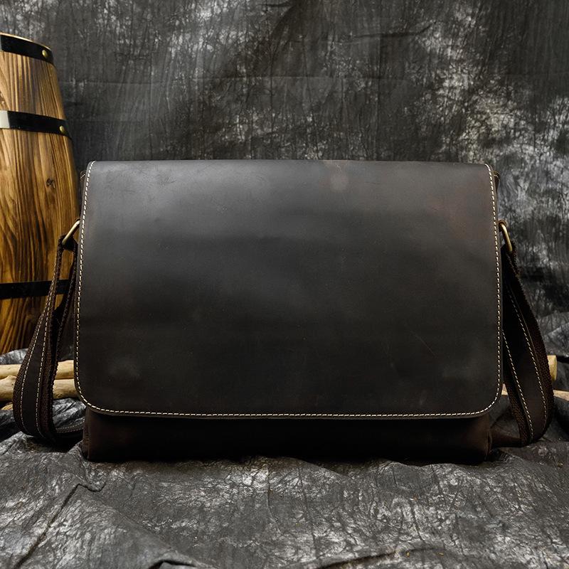 Men'S Retro Leather Shoulder Bag Crazy Horse Leather Flip Messenger Bag A4 Work Briefcase Men'S Bag