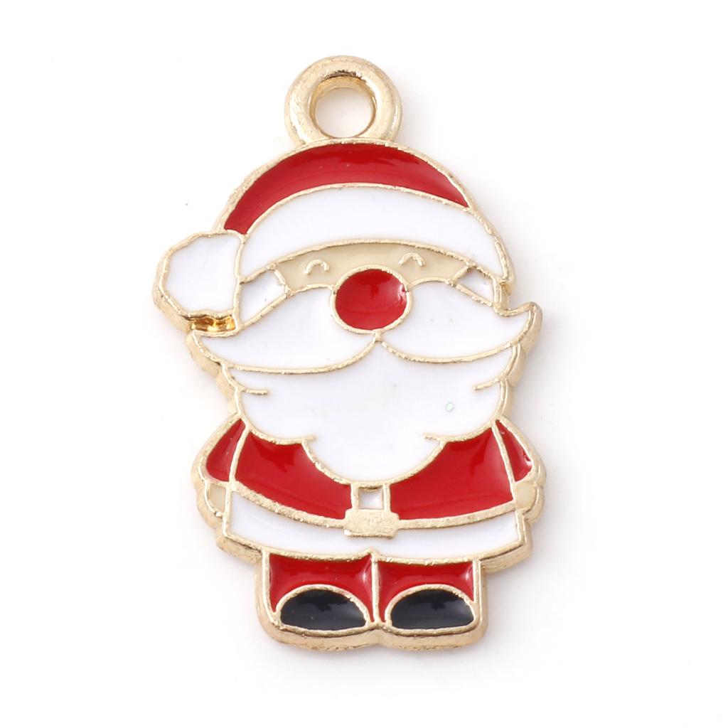 10 PCs Cartoon Christmas Charms Enamel Snowman Santa Claus Gold Color Metal Pendants For DIY Making Necklace Jewelry Findings