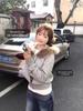 2025 Women's Gray Fur Collar Short Slim Sweatshirt - Petite Korean Style Autumn/Winter Outerwear