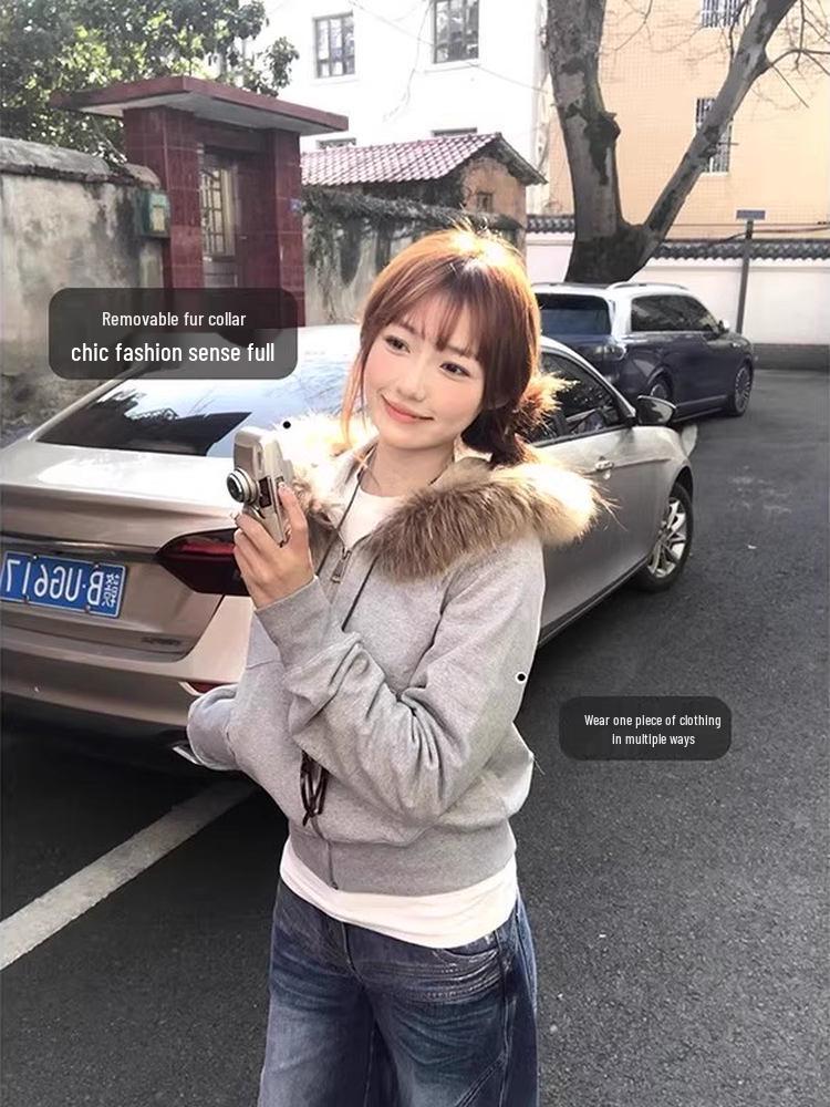 2025 Women's Gray Fur Collar Short Slim Sweatshirt - Petite Korean Style Autumn/Winter Outerwear