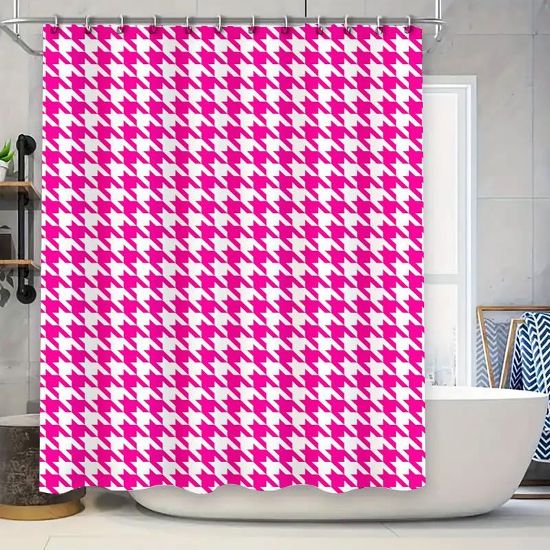

Pink White Plaid Bath Rug Mat Set Decorative Non-Slip Bathroom Rugs Waterproof Shower Curtain W60H190(CM)-1 Pcs