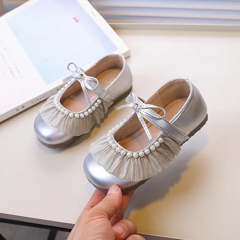 New Sweet Girl Leather Shoe Lace Pleated Children's Flats Elegant Versatile Kids Causal Princess Wedding Party Shoes Soft Bottom