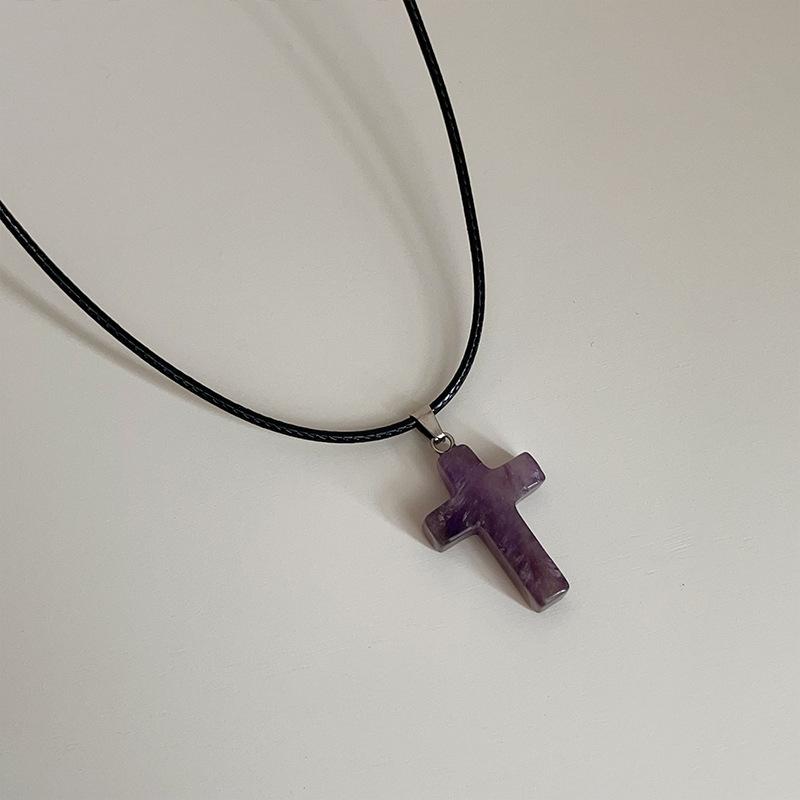 Niche Design Sense Natural Stone Cross Black Rope Necklace Female Simple Sweet Cool Personality Versatile Neck Chain Collarbone Chain