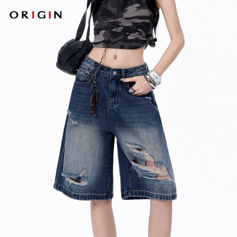 ORIGIN Women s High-Waist Ripped Retro Blue Jeans M