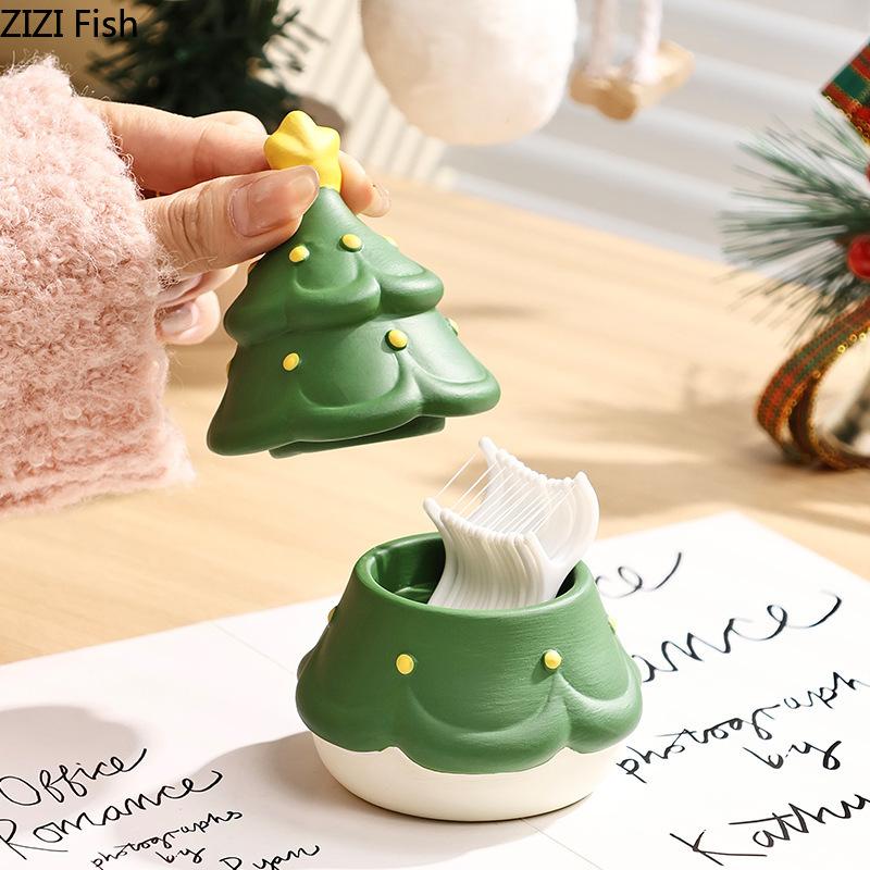 BRChristmas Tree Shape Ceramic Toothpick Holder Dental Floss Cotton Swab Boxes Nordic Creative Home Desktop Decor Organizer GiftEY