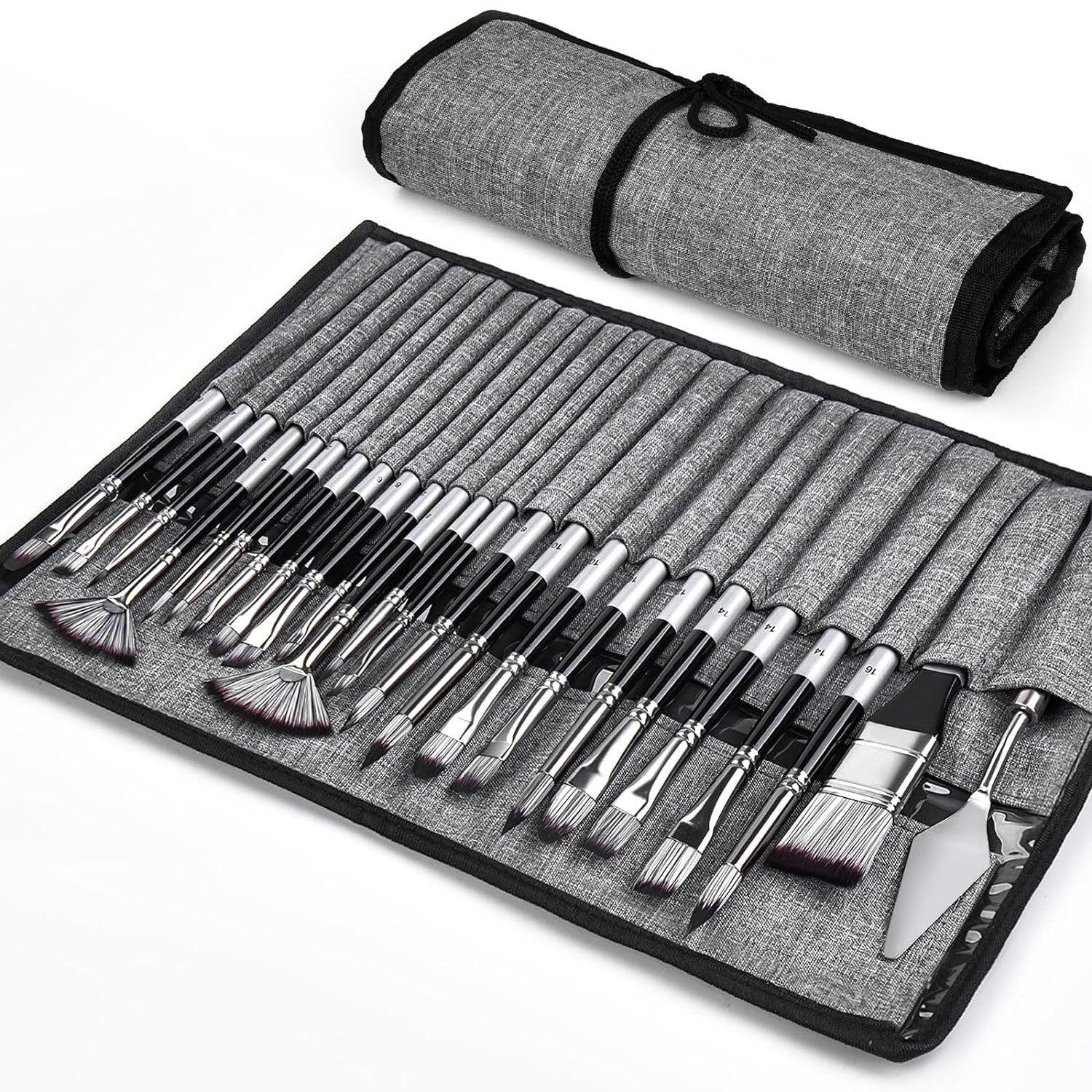

Набор кистей из 24 штук: Холщовый рулон для переноски с серебристо-серыми нейлоновыми ручками для живописи гуашью и акварелью 24-Piece Canvas Bag Set