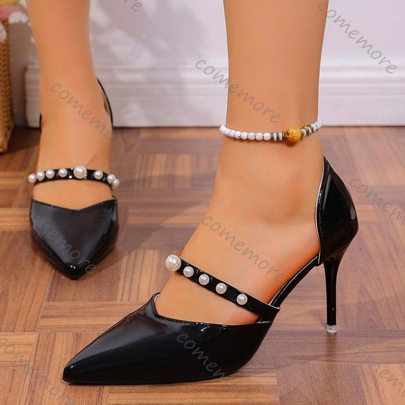 Fashion Comemore Pearl Decor High Heel Pumps Women Pointed Toe Stiletto Heel Banquet Party Shoe Woman Elegant Patent Leather Heels Women