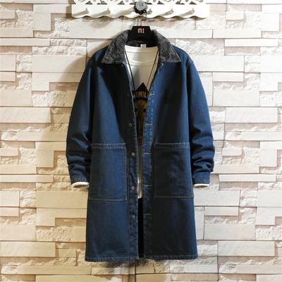 2026 Winter Men Long Style Denim Jacket Men Fleece Denim Coat Man Retro Blue Trench Male Classic Thick Wool Liner Outerwear