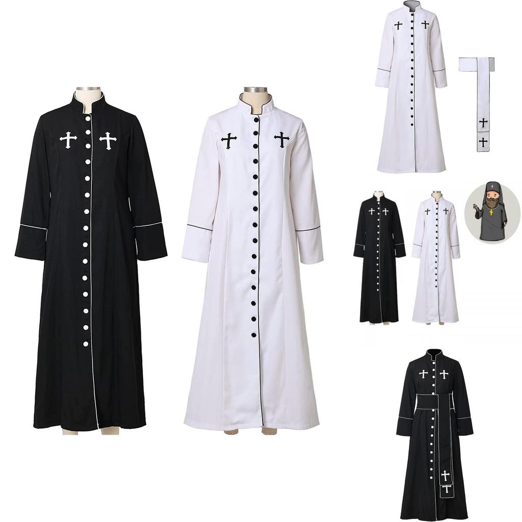 Women's Priest Robe With Stand Collar Roman Cassock Belt Street Style White/black Xs-5xl