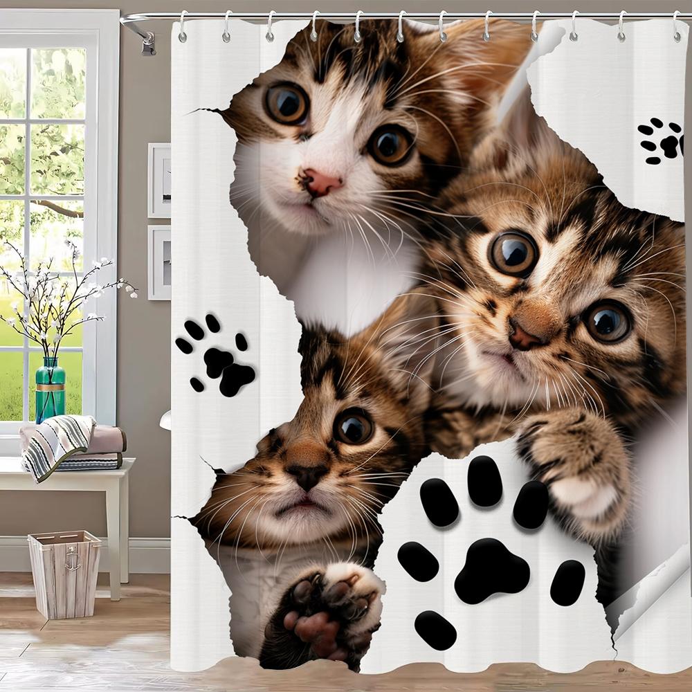 1pc Creative and Interesting Cat with Holes Shower Curtain Bathroom Curtains With Hooks,Printed Curtain Home Decoration Curtain