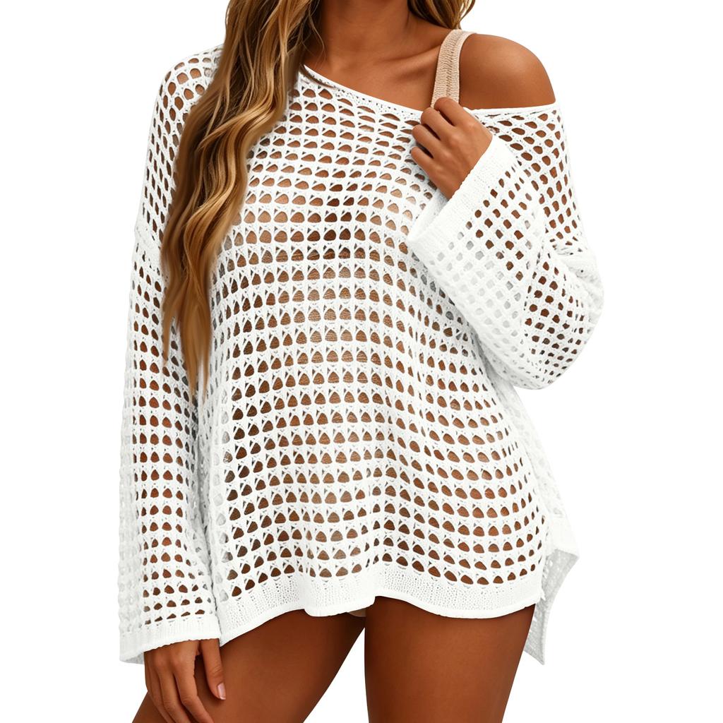 Women's Sunscreen Hollow Long Sleeve Backless Bikini Beach Dress Knit Sweater Cover-Up