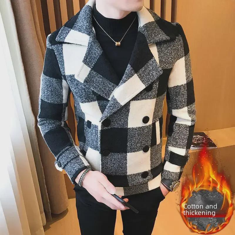 Men's 2022 Korean Style Plaid Woolen Short Coat - Trendy & Handsome for Autumn/Winter