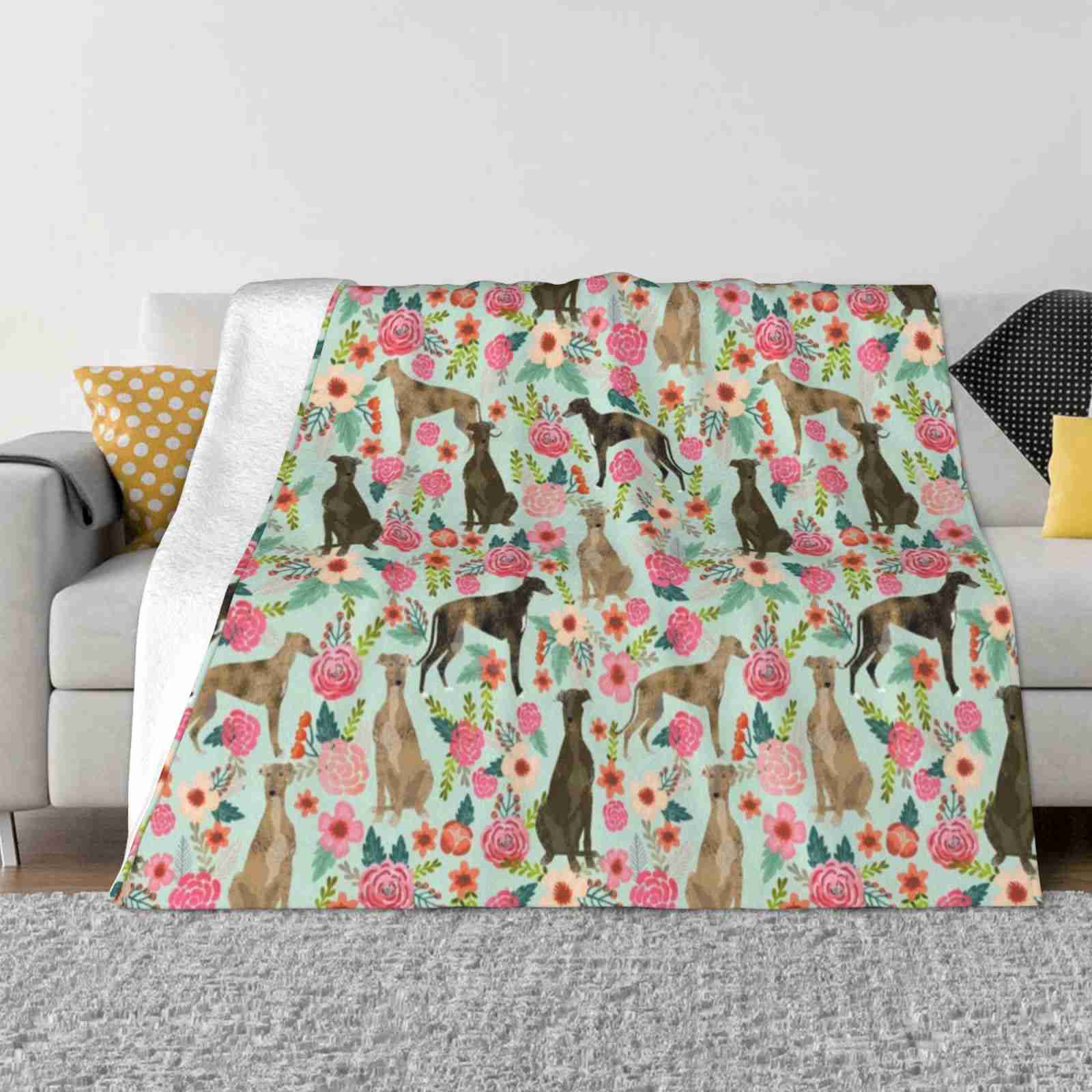 Greyhound Florals-Dogs Greyhound , Vintage Florals Pattern Mint Hot Sale Printing High Qiality Warm Flannel Blanket Brindle 30x40in