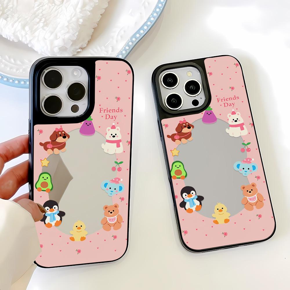 Circle animals are suitable for Apple 17ProMax black frame mirror mobile phone case 15 all-inclusive 13/12 niche 14 large holes