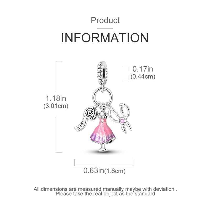 New 925 Sterling Silver Pink Series Scissors Dancing Skirt Buttons Pendant Love Beads Bags Charms Fit Bracelets DIY Jewelry Gift