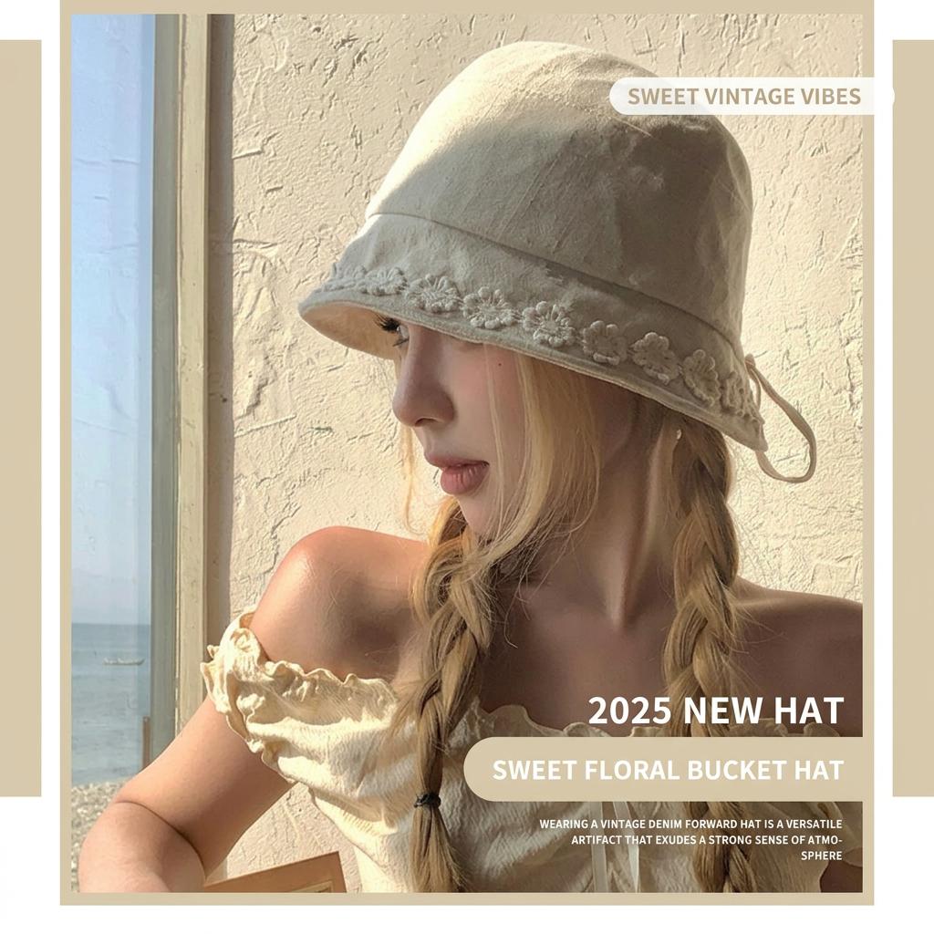 Cotton Linen Bucket Hat Breathable Face Flattering Hat Floral Embroidered Hat Thin Fabric For Daily Commuting Shopping Walking