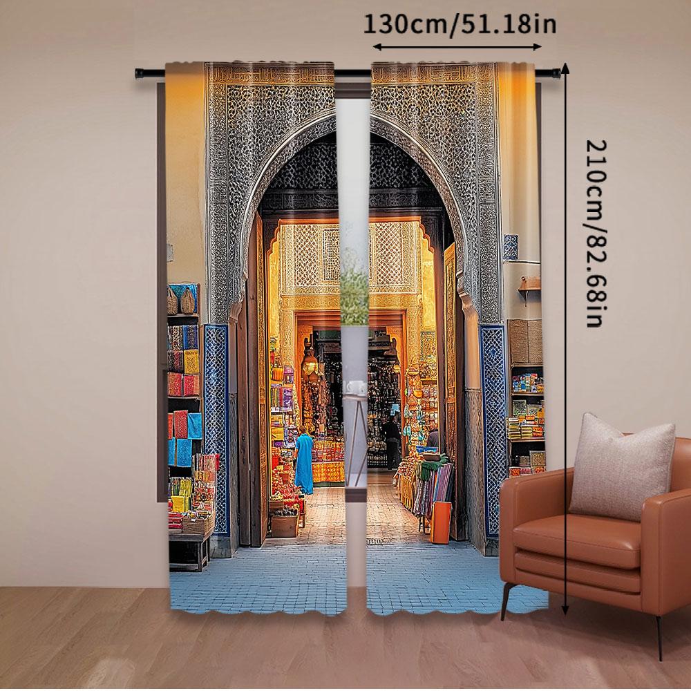 2Pcs Moroccan Curtains Typical Moroccan Door To Old Medina Mediterranean Historical Arch Entrance For Bedroom Living Room And