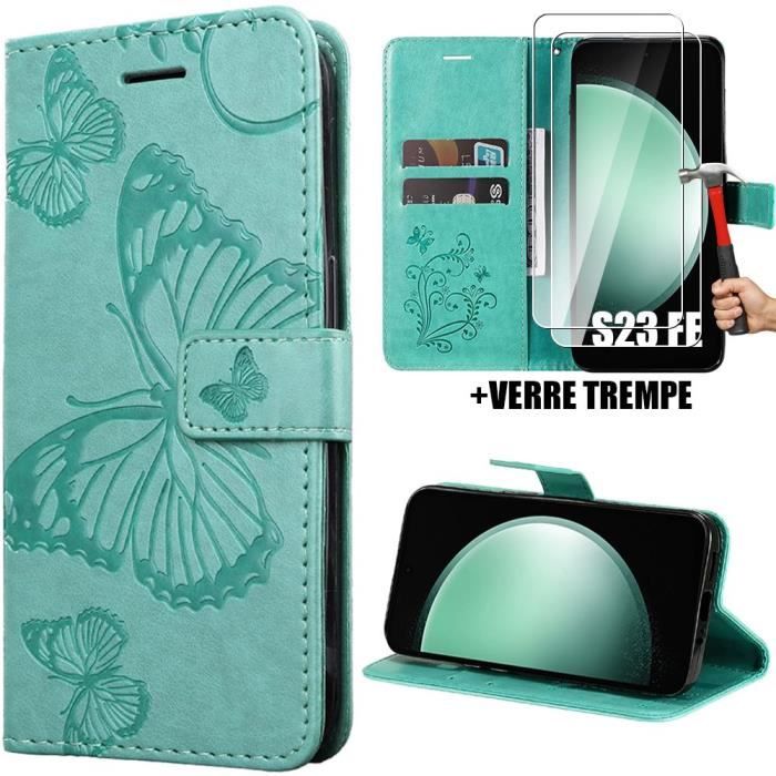 Coque - Booling - pour Samsung Galaxy S23 FE - Protection Anti-Rayures - Motif Papillon - Effet Cuir Vert