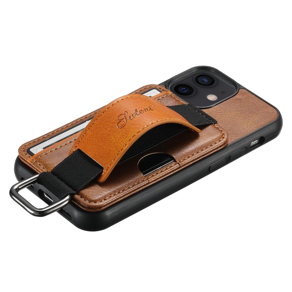SUTENI H13 For iPhone 12 Mini 5.4 Inch Card Holder Case with Hand Strap Kickstand Leather Coated PC+TPU Phone Cover