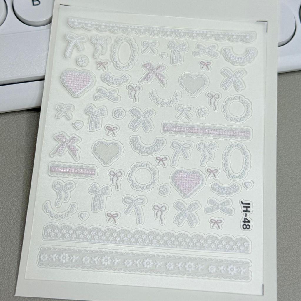 Pink Bow & Floral Shell Nail Stickers - Embossed Lace & Heart Designs