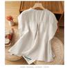 Women Dark Green Linen Blend Blouse With Ruffled Round Neck And Orange Button Front Casual Summer Top