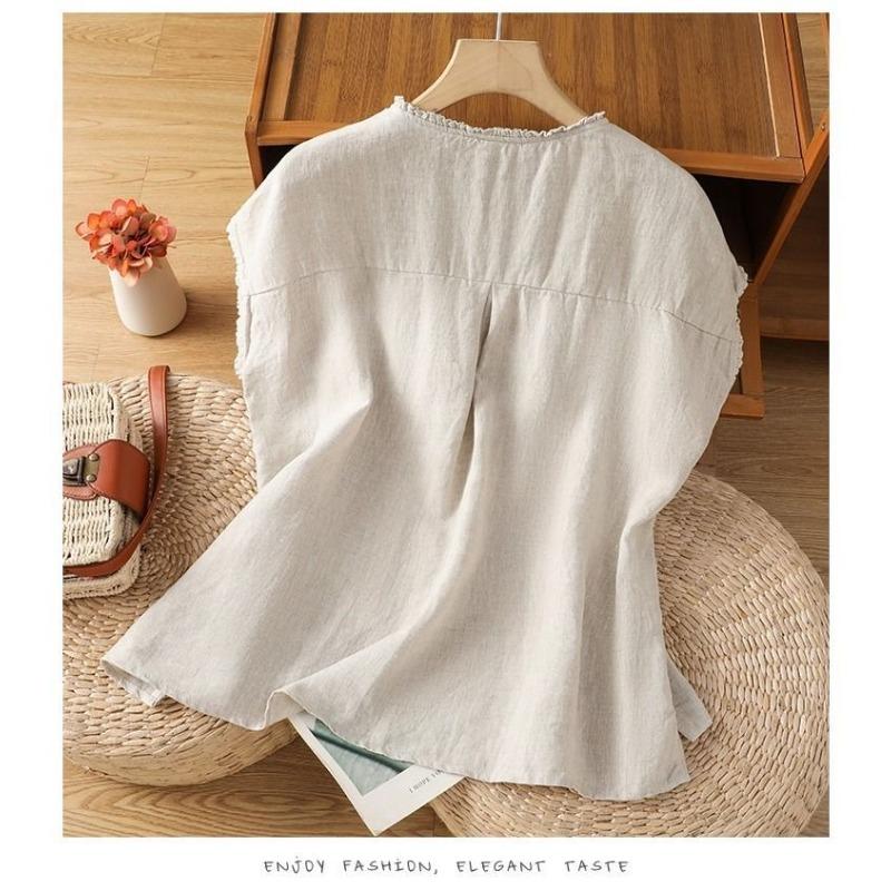 Women Dark Green Linen Blend Blouse With Ruffled Round Neck And Orange Button Front Casual Summer Top