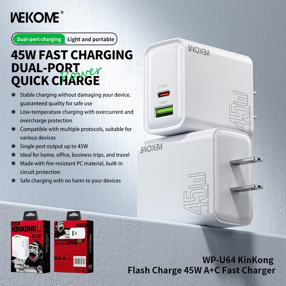 Wekome 45W Dual-Port Flash Charger - Fast, Low-Temp Charging for US/EU/UK Devices