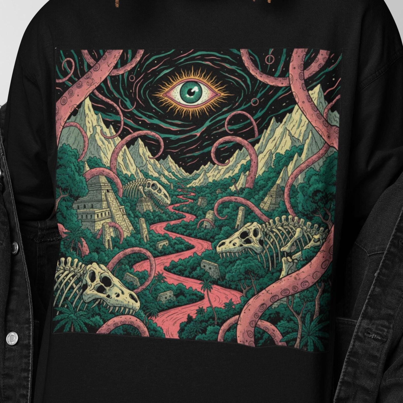 Dinosaurs Extinction Horror Shirt | Surreal Dinosaur Skeleton Art | All Seeing Eye Graphic Tee 2XL