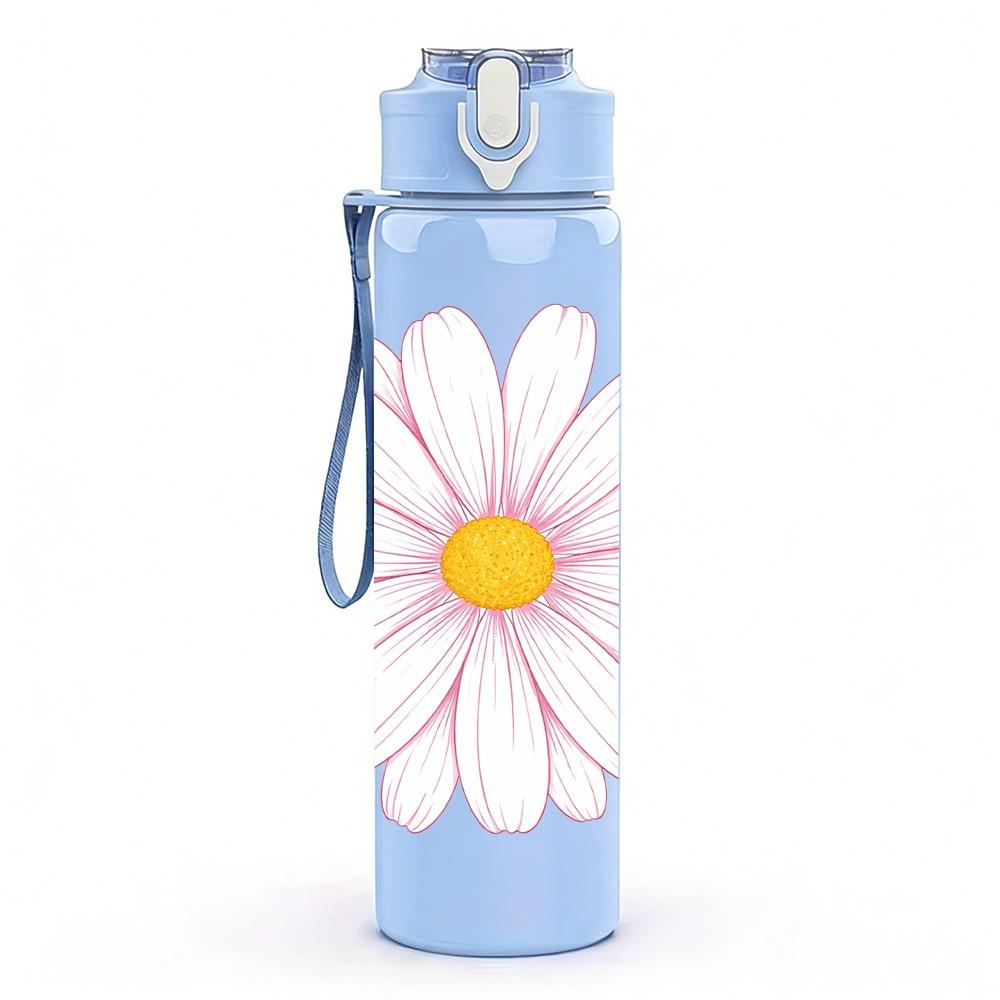 1PC White Daisy Simple Flower Print 750ml Color Plastic Sports Water Bottle Leakproof Flip Straw Lid Suitable for Sports Office Home Use