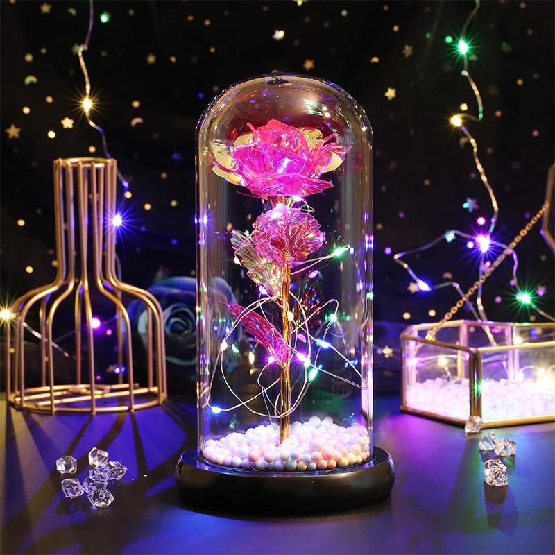LED Rosegold Folie Konservierte Blume Glaskuppel - Kreatives Geschenk für Valentinstag & Frauentag